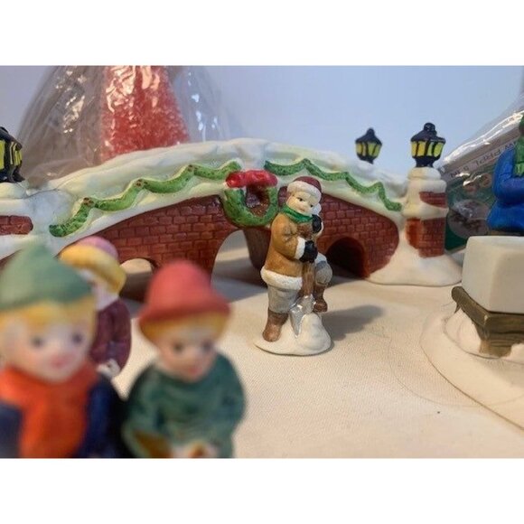 Vintage Hand-Painted Ceramic Christmas Village Set with Bridge Children Horse & - Picture 4 of 9